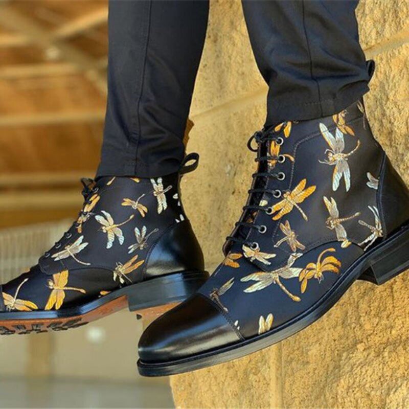 Botines De Tela Con Estampado De Libélulas De Empalme Con Puntera De Estilo Británico Para Hombre