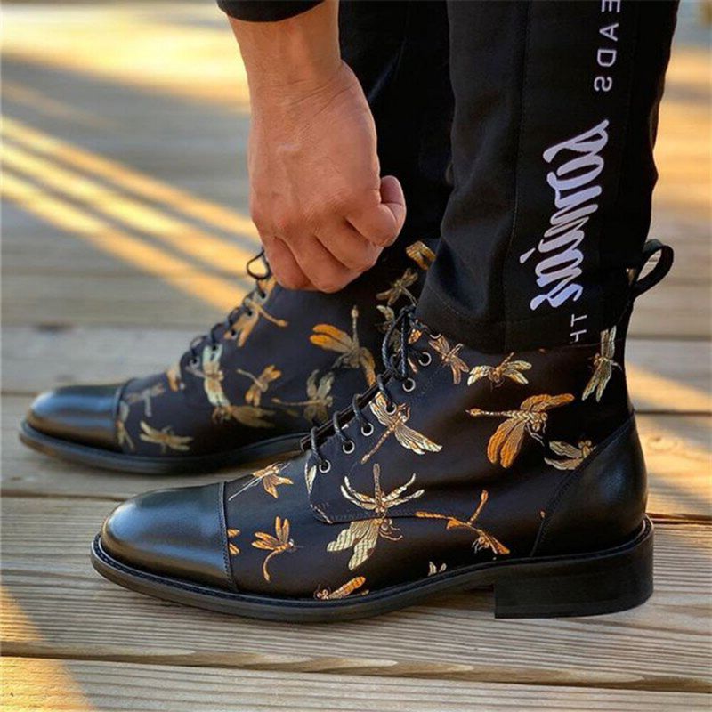 Botines De Tela Con Estampado De Libélulas De Empalme Con Puntera De Estilo Británico Para Hombre