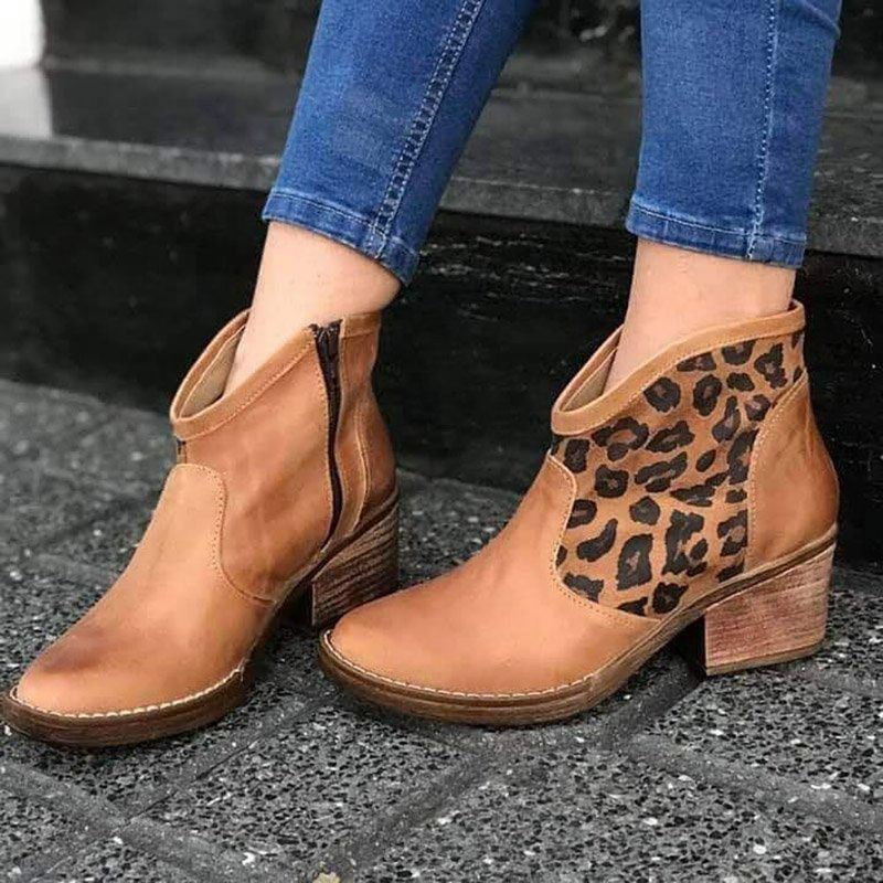 Botines De Vaquero De Tacón Grueso Con Cremallera Lateral De Leopardo De Empalme Informal Para Mujer