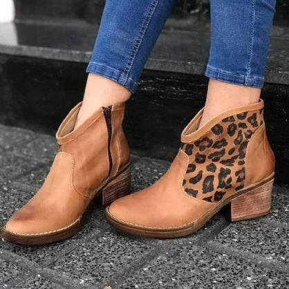 Botines De Vaquero De Tacón Grueso Con Cremallera Lateral De Leopardo De Empalme Informal Para Mujer