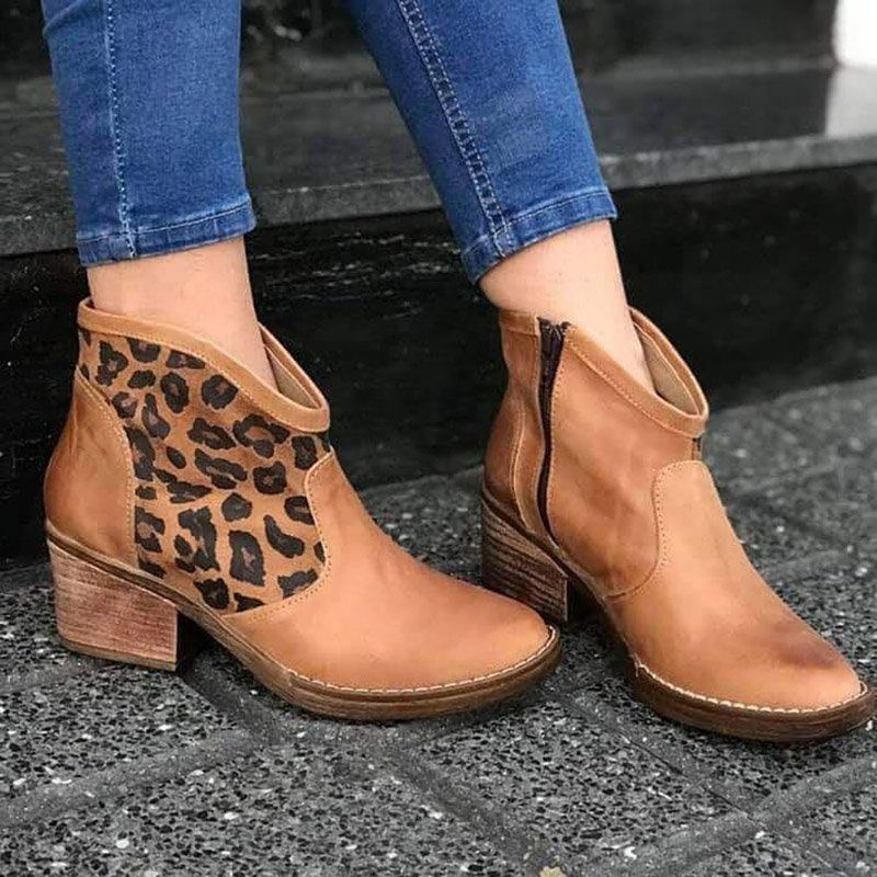 Botines De Vaquero De Tacón Grueso Con Cremallera Lateral De Leopardo De Empalme Informal Para Mujer