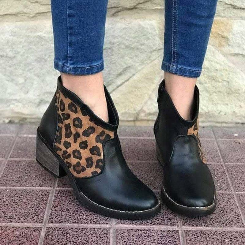 Botines De Vaquero De Tacón Grueso Con Cremallera Lateral De Leopardo De Empalme Informal Para Mujer