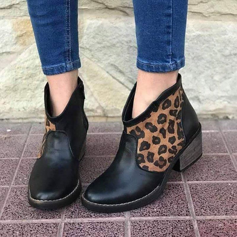 Botines De Vaquero De Tacón Grueso Con Cremallera Lateral De Leopardo De Empalme Informal Para Mujer