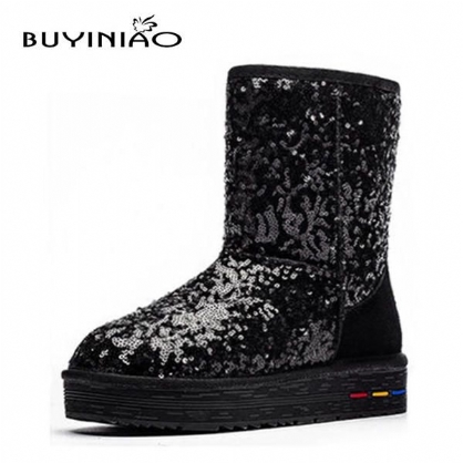 Buyiniao Botas De Nieve De Algodón De Invierno Para Mujer Botas De Fondo Plano Botas De Invierno De Paillette