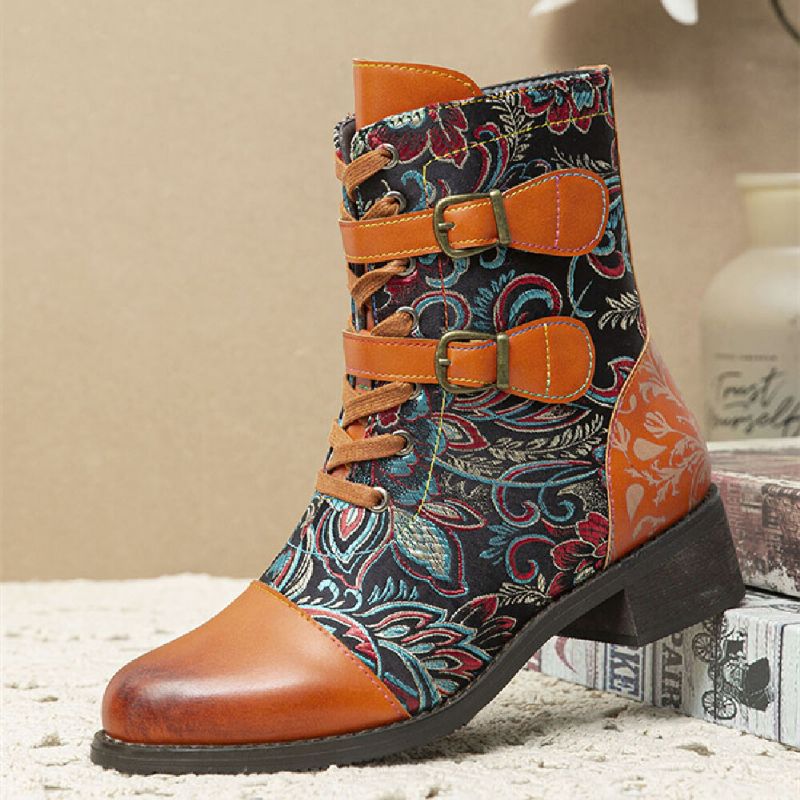 Costura Retro Hermosas Flores De Tela Hebilla De Metal Botas Cortas Con Cordones Calientes