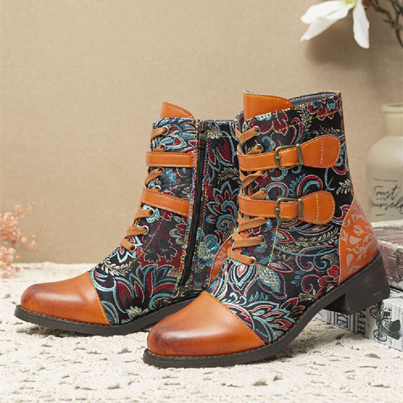 Costura Retro Hermosas Flores De Tela Hebilla De Metal Botas Cortas Con Cordones Calientes