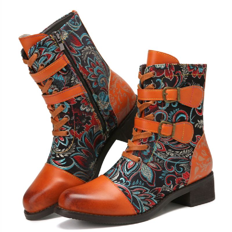 Costura Retro Hermosas Flores De Tela Hebilla De Metal Botas Cortas Con Cordones Calientes