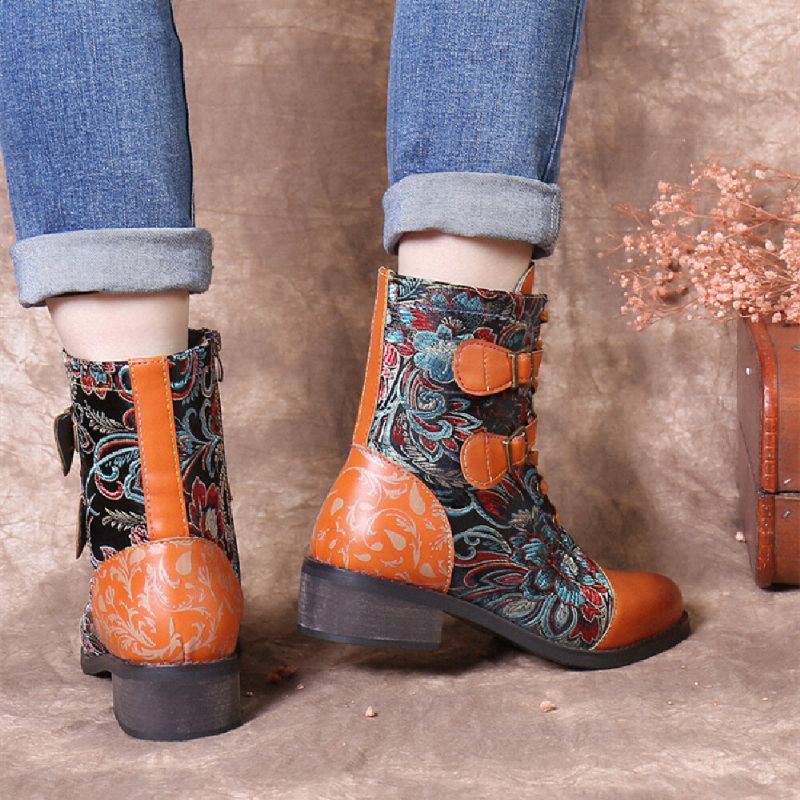 Costura Retro Hermosas Flores De Tela Hebilla De Metal Botas Cortas Con Cordones Calientes