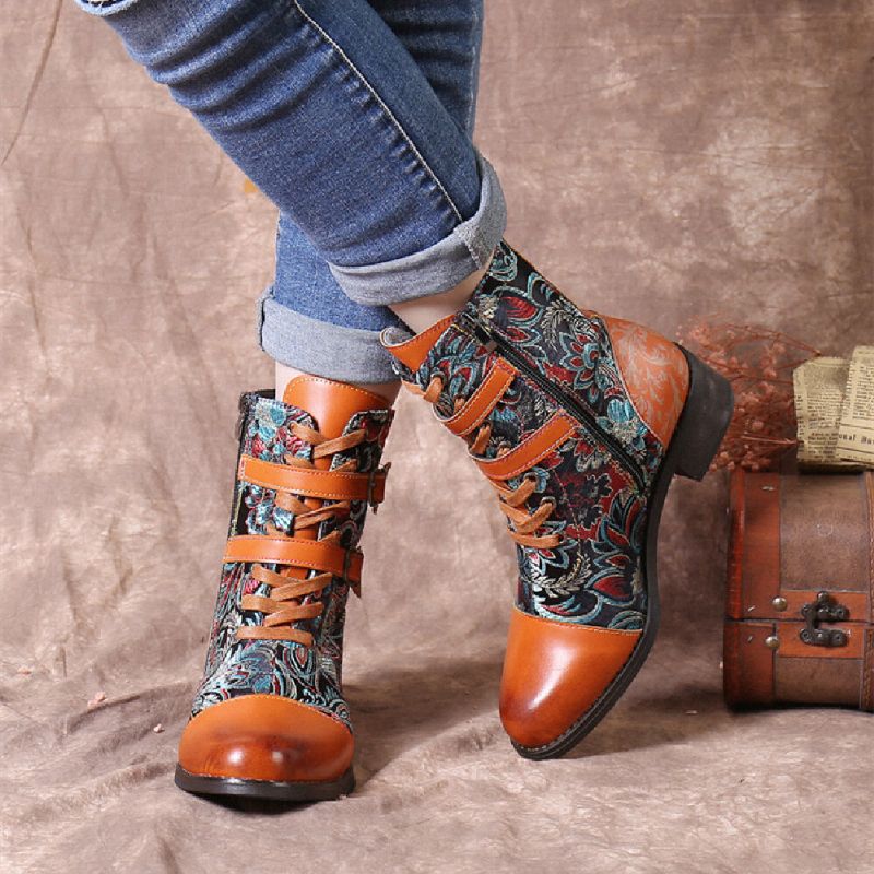 Costura Retro Hermosas Flores De Tela Hebilla De Metal Botas Cortas Con Cordones Calientes