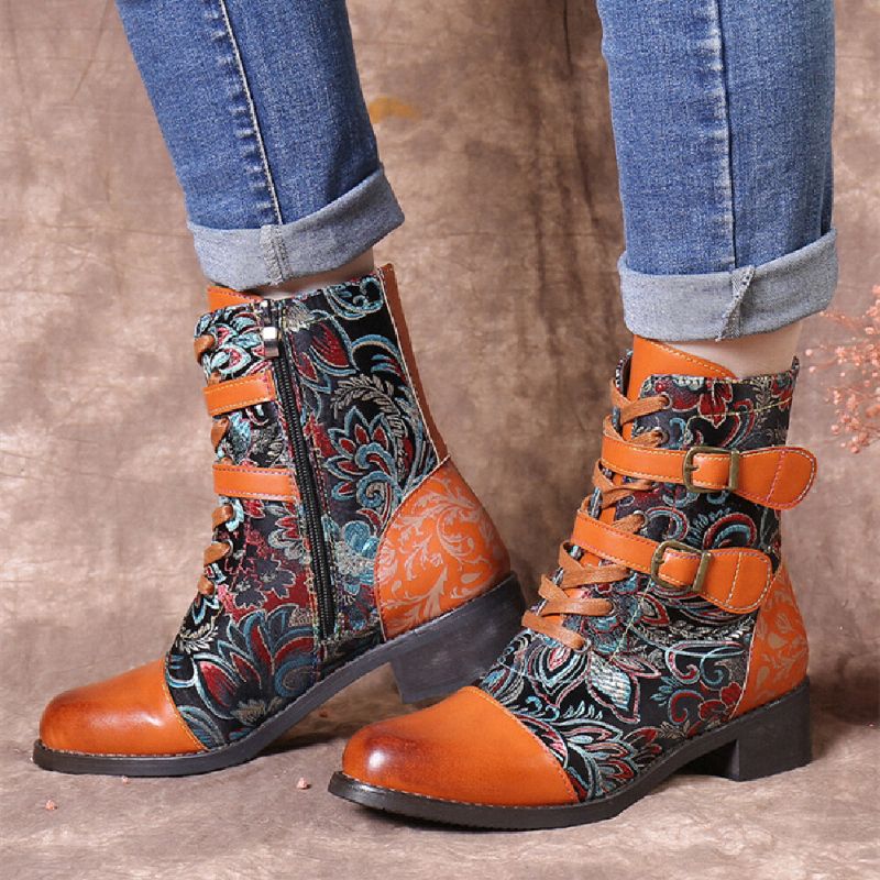 Costura Retro Hermosas Flores De Tela Hebilla De Metal Botas Cortas Con Cordones Calientes