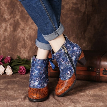 Elegante Empalme Con Estampado Floral Cordón Deco Apilado Tacón Alto Botines Con Cremallera Forrados Cálidos