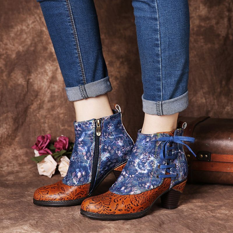 Elegante Empalme Con Estampado Floral Cordón Deco Apilado Tacón Alto Botines Con Cremallera Forrados Cálidos