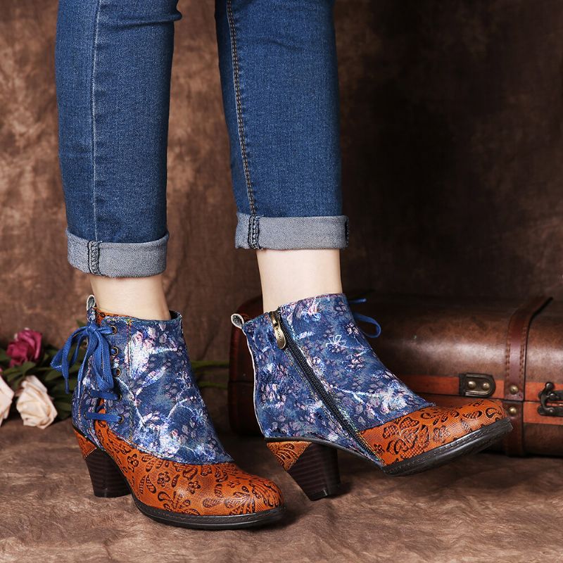 Elegante Empalme Con Estampado Floral Cordón Deco Apilado Tacón Alto Botines Con Cremallera Forrados Cálidos