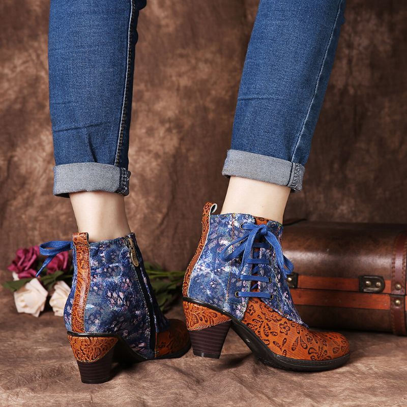 Elegante Empalme Con Estampado Floral Cordón Deco Apilado Tacón Alto Botines Con Cremallera Forrados Cálidos