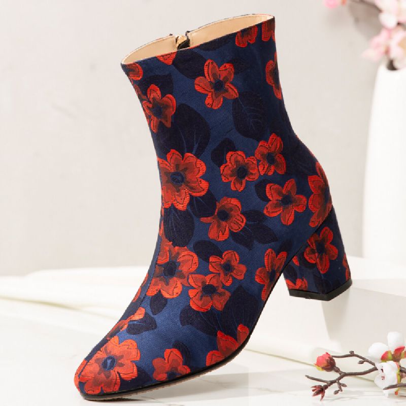 Elegante Estampado Floral Satinado Cómodo Cremallera Lateral Moda Botas Cortas De Tacón Grueso