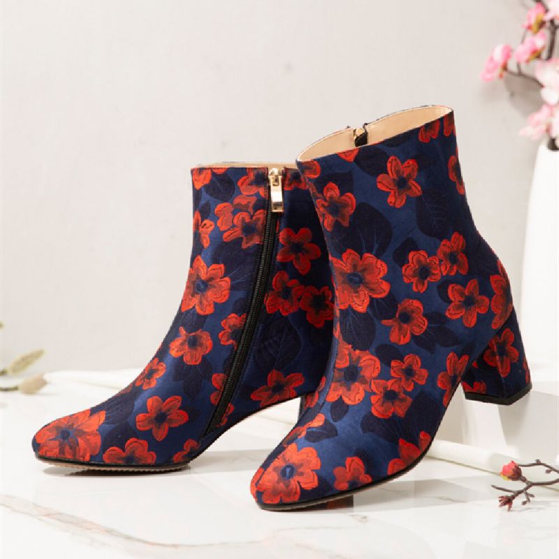 Elegante Estampado Floral Satinado Cómodo Cremallera Lateral Moda Botas Cortas De Tacón Grueso