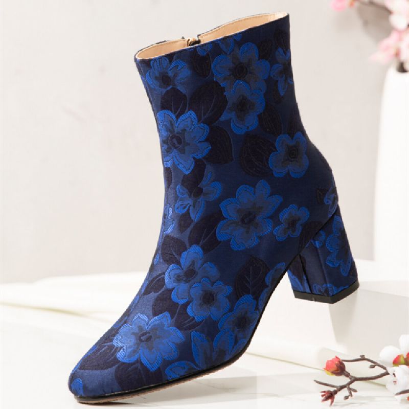 Elegante Estampado Floral Satinado Cómodo Cremallera Lateral Moda Botas Cortas De Tacón Grueso