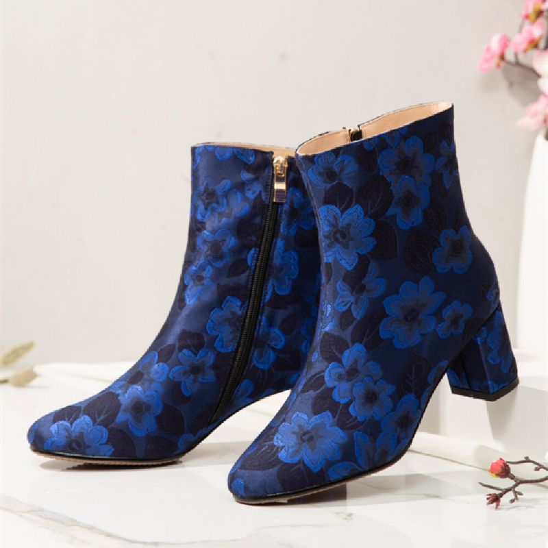 Elegante Estampado Floral Satinado Cómodo Cremallera Lateral Moda Botas Cortas De Tacón Grueso