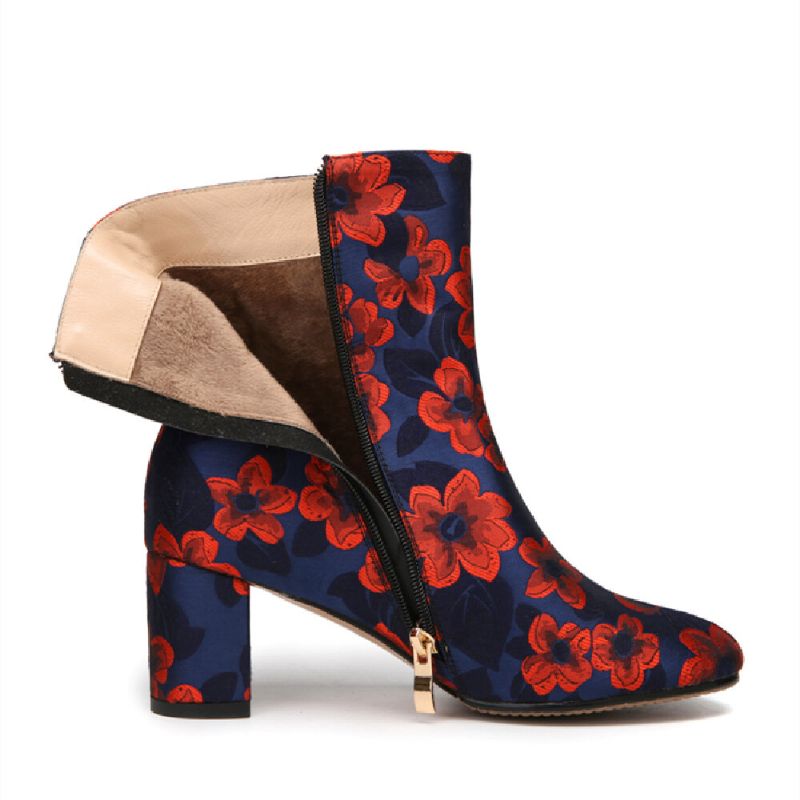 Elegante Estampado Floral Satinado Cómodo Cremallera Lateral Moda Botas Cortas De Tacón Grueso