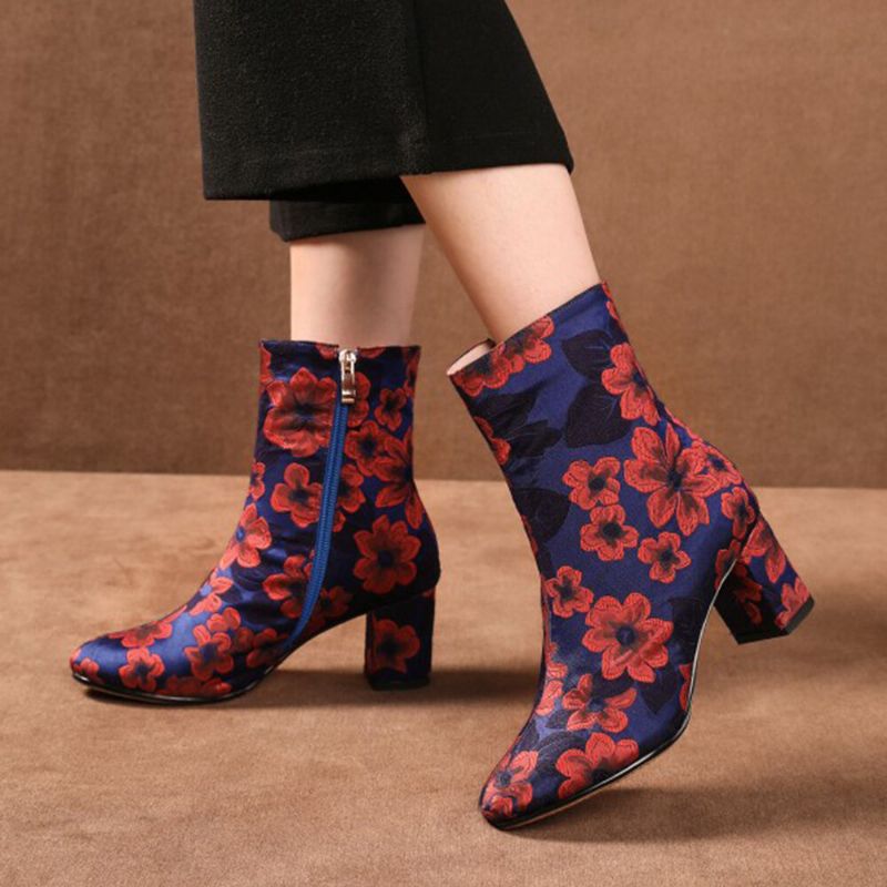 Elegante Estampado Floral Satinado Cómodo Cremallera Lateral Moda Botas Cortas De Tacón Grueso