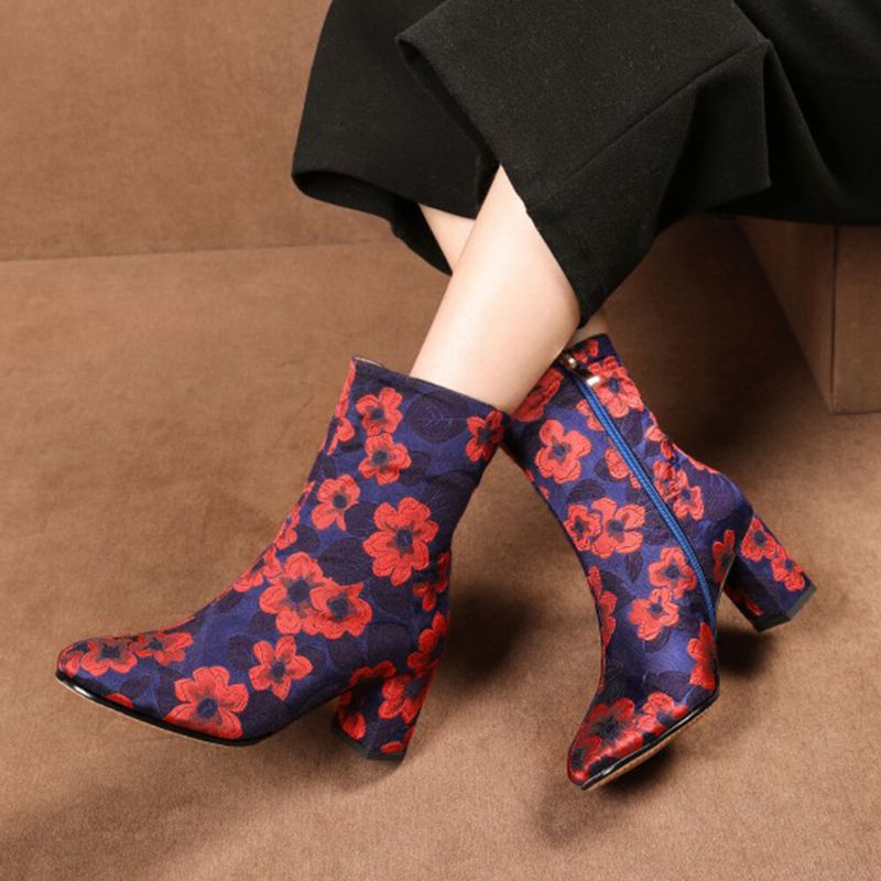 Elegante Estampado Floral Satinado Cómodo Cremallera Lateral Moda Botas Cortas De Tacón Grueso