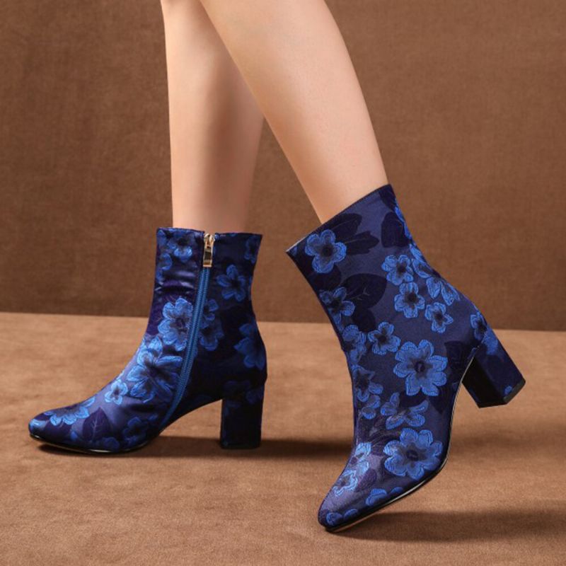 Elegante Estampado Floral Satinado Cómodo Cremallera Lateral Moda Botas Cortas De Tacón Grueso