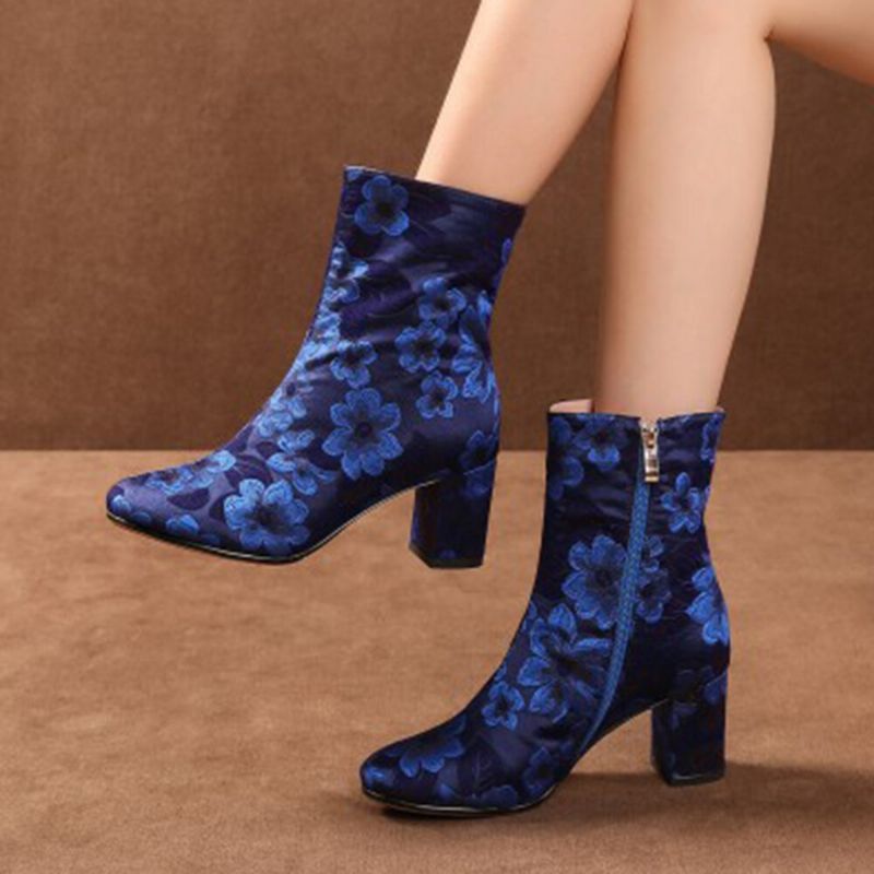 Elegante Estampado Floral Satinado Cómodo Cremallera Lateral Moda Botas Cortas De Tacón Grueso