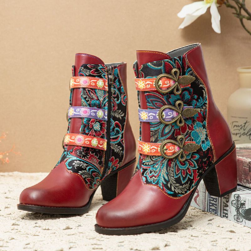 Flores Retro Costura De Tela Hebilla De Metal Decoración Botas Cortas De Tacón Grueso Usable Con Forro Cálido