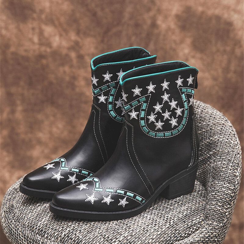 Folkways Stars Pattern Punta Puntiaguda Tacón Grueso Botas Cortas Casuales