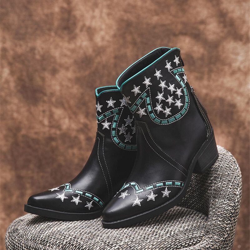 Folkways Stars Pattern Punta Puntiaguda Tacón Grueso Botas Cortas Casuales