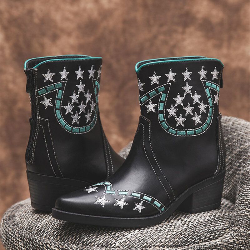 Folkways Stars Pattern Punta Puntiaguda Tacón Grueso Botas Cortas Casuales