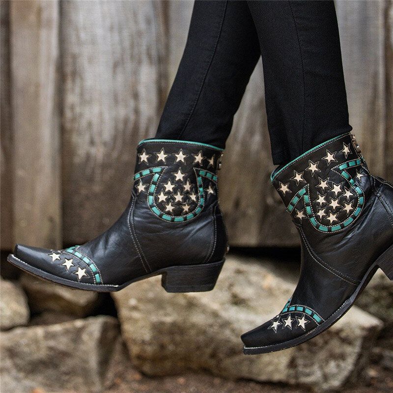 Folkways Stars Pattern Punta Puntiaguda Tacón Grueso Botas Cortas Casuales