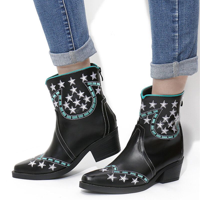 Folkways Stars Pattern Punta Puntiaguda Tacón Grueso Botas Cortas Casuales