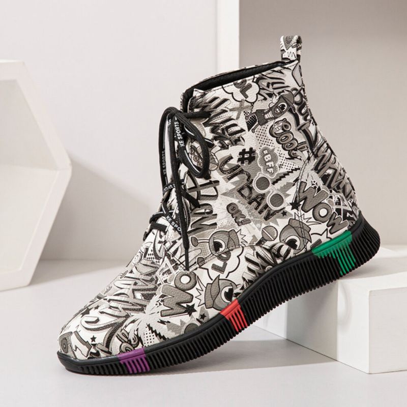 Mujeres Casual Letter Graffiti Printing Multicolor Lace Up Short Combat Boots