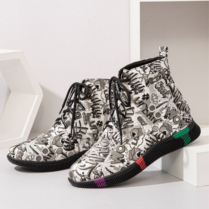 Mujeres Casual Letter Graffiti Printing Multicolor Lace Up Short Combat Boots