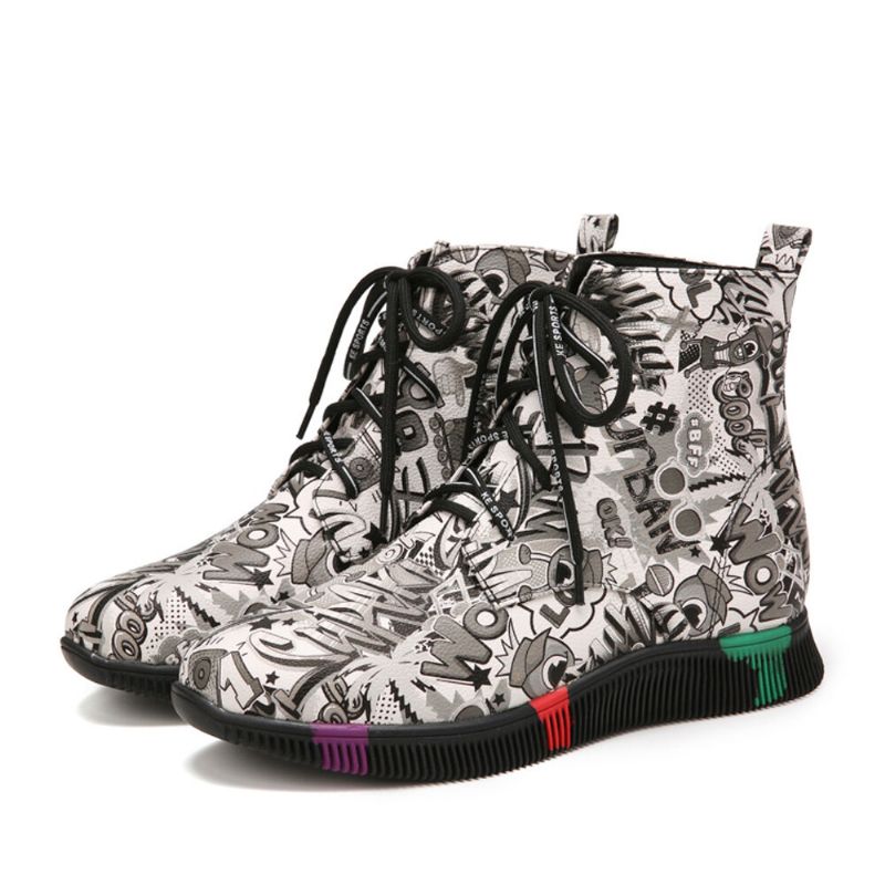 Mujeres Casual Letter Graffiti Printing Multicolor Lace Up Short Combat Boots