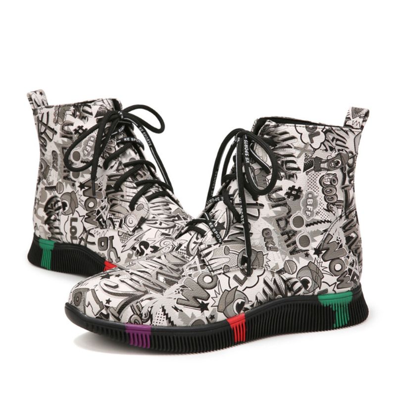 Mujeres Casual Letter Graffiti Printing Multicolor Lace Up Short Combat Boots