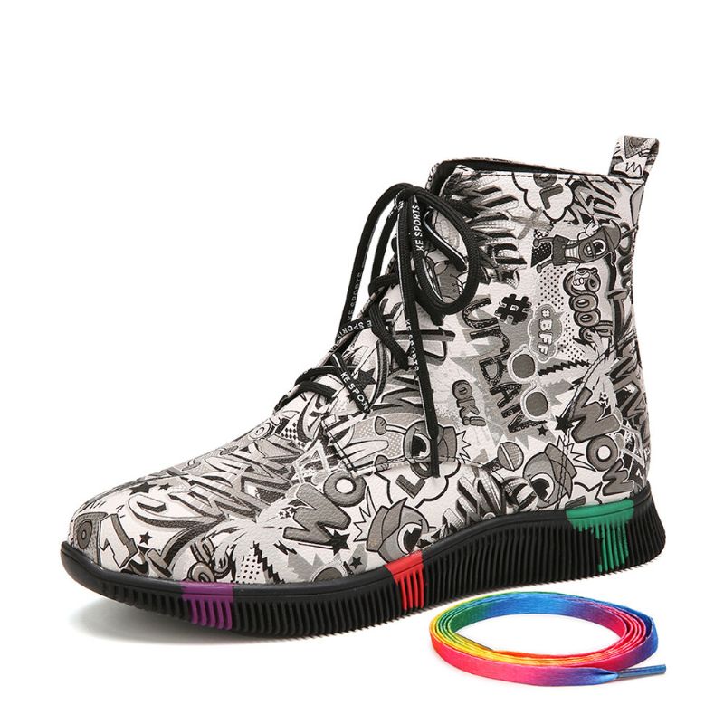 Mujeres Casual Letter Graffiti Printing Multicolor Lace Up Short Combat Boots