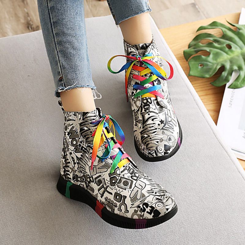 Mujeres Casual Letter Graffiti Printing Multicolor Lace Up Short Combat Boots