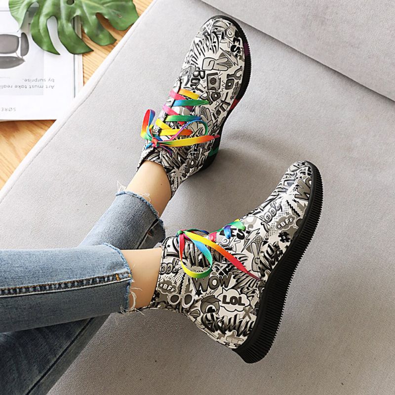 Mujeres Casual Letter Graffiti Printing Multicolor Lace Up Short Combat Boots