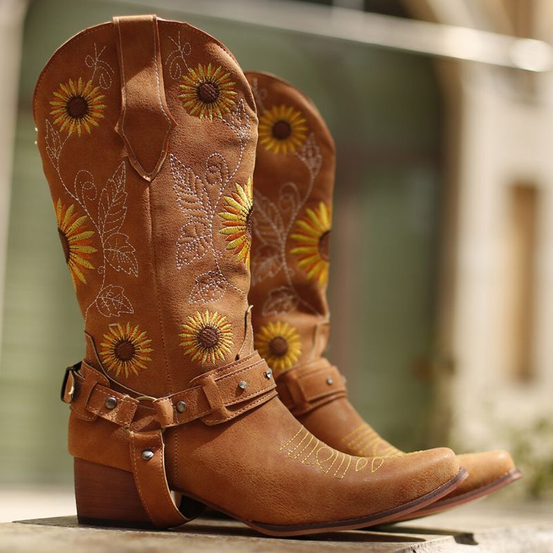 Mujeres Retro Girasoles Patrón Punta Puntiaguda Tacón Grueso Arnés Botas De Vaquero