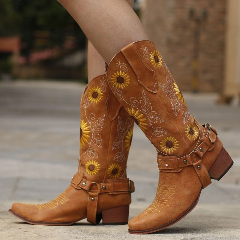 Mujeres Retro Girasoles Patrón Punta Puntiaguda Tacón Grueso Arnés Botas De Vaquero