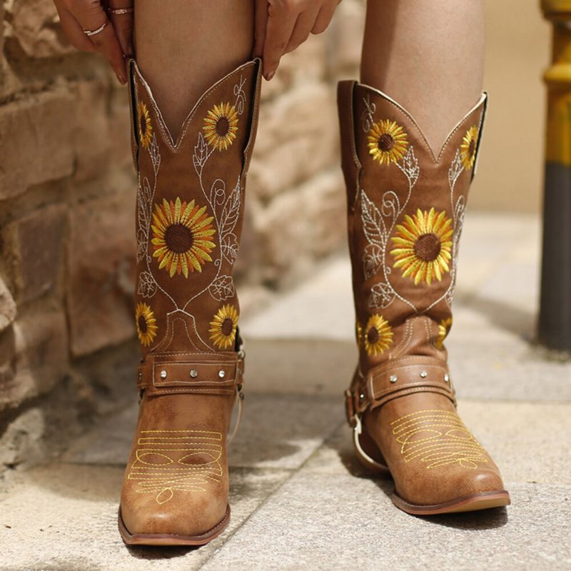 Mujeres Retro Girasoles Patrón Punta Puntiaguda Tacón Grueso Arnés Botas De Vaquero