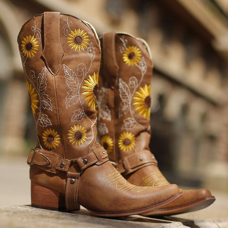 Mujeres Retro Girasoles Patrón Punta Puntiaguda Tacón Grueso Arnés Botas De Vaquero