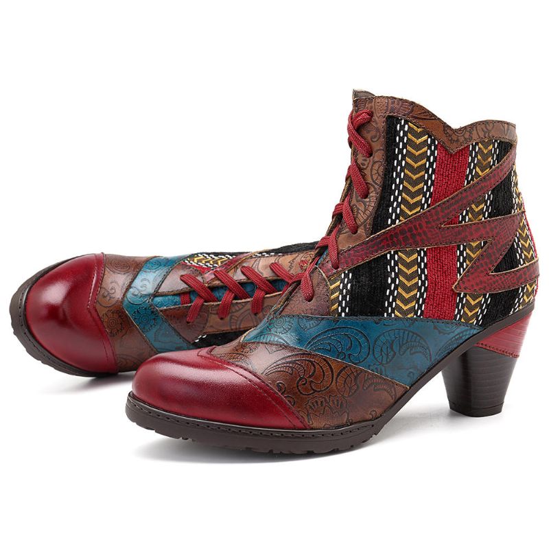 Patrón De Empalme Bohemio Bloque Cremallera Botines De Cuero Zapato