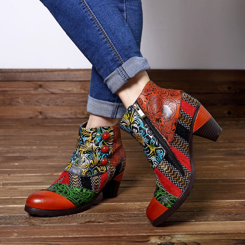 Patrón De Empalme Bohemio Botón Cremallera Botines De Cuero Para Mujer