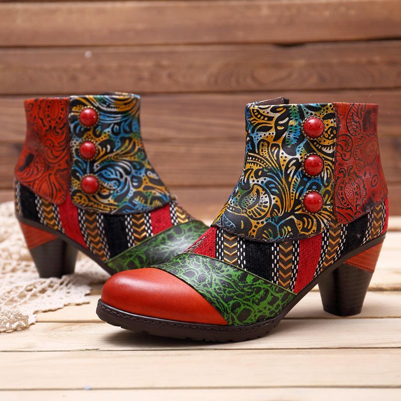 Patrón De Empalme Bohemio Botón Cremallera Botines De Cuero Para Mujer