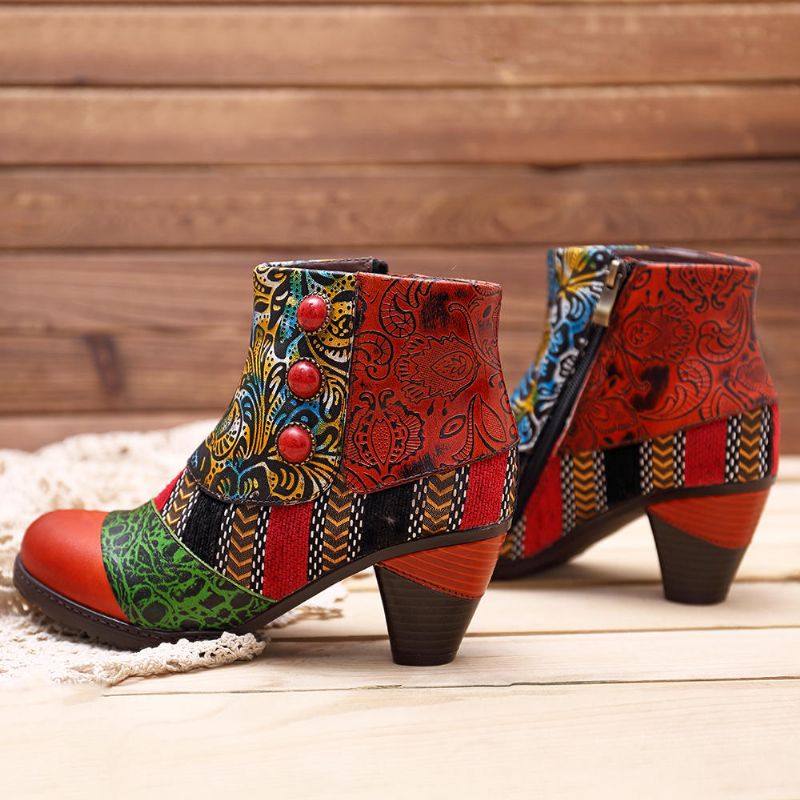 Patrón De Empalme Bohemio Botón Cremallera Botines De Cuero Para Mujer