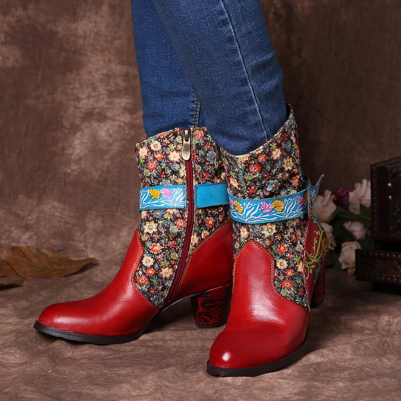 Patrón De Flores Retro Costura Cuero Genuino Hebilla De Metal Cremallera Tacón Alto Botas A Media Pierna