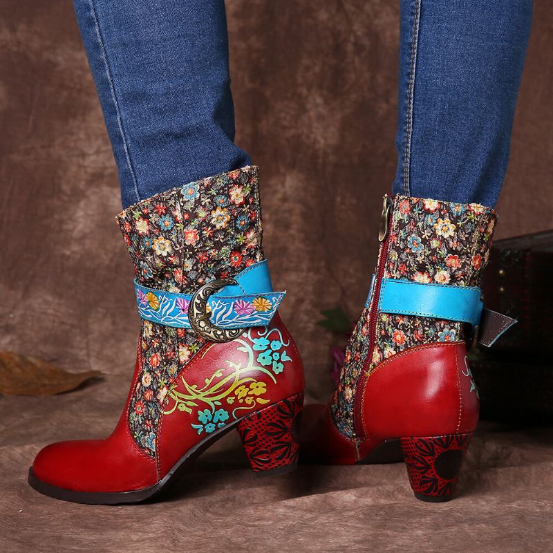 Patrón De Flores Retro Costura Cuero Genuino Hebilla De Metal Cremallera Tacón Alto Botas A Media Pierna